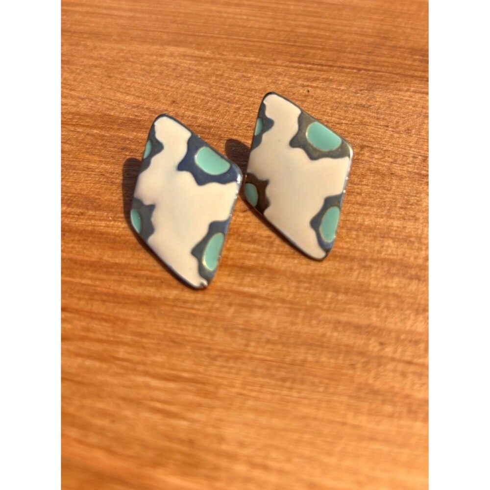 Vintage Post Earrings Cream Teal Abstract Flower